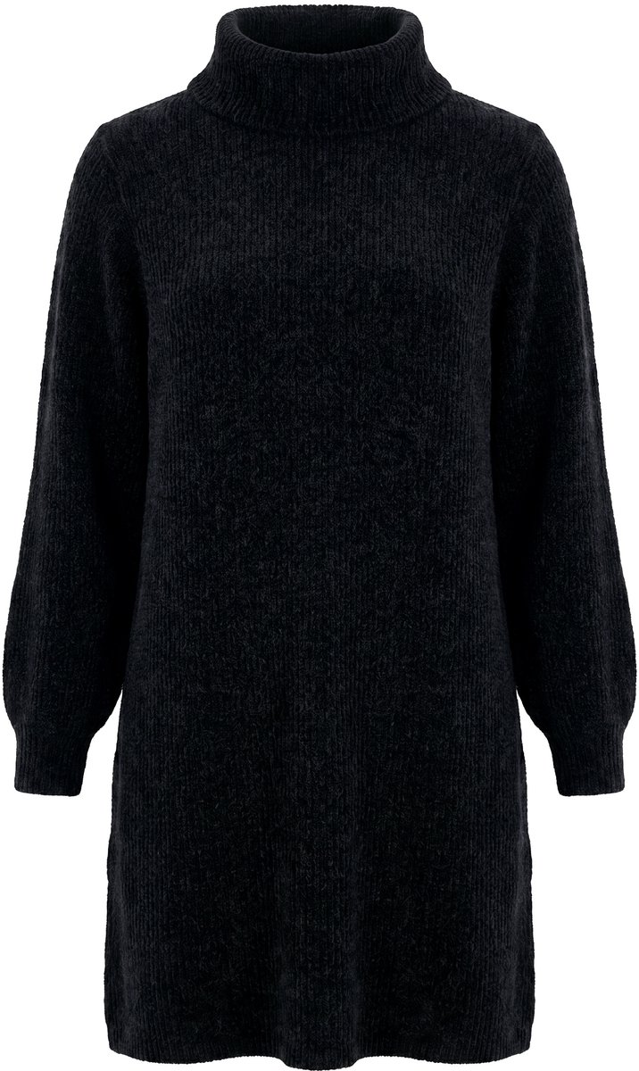 Ulla Popken - Dames - Gebreide jurk chenille A-lijn col lange mouwen - Zwart - Maat 46+