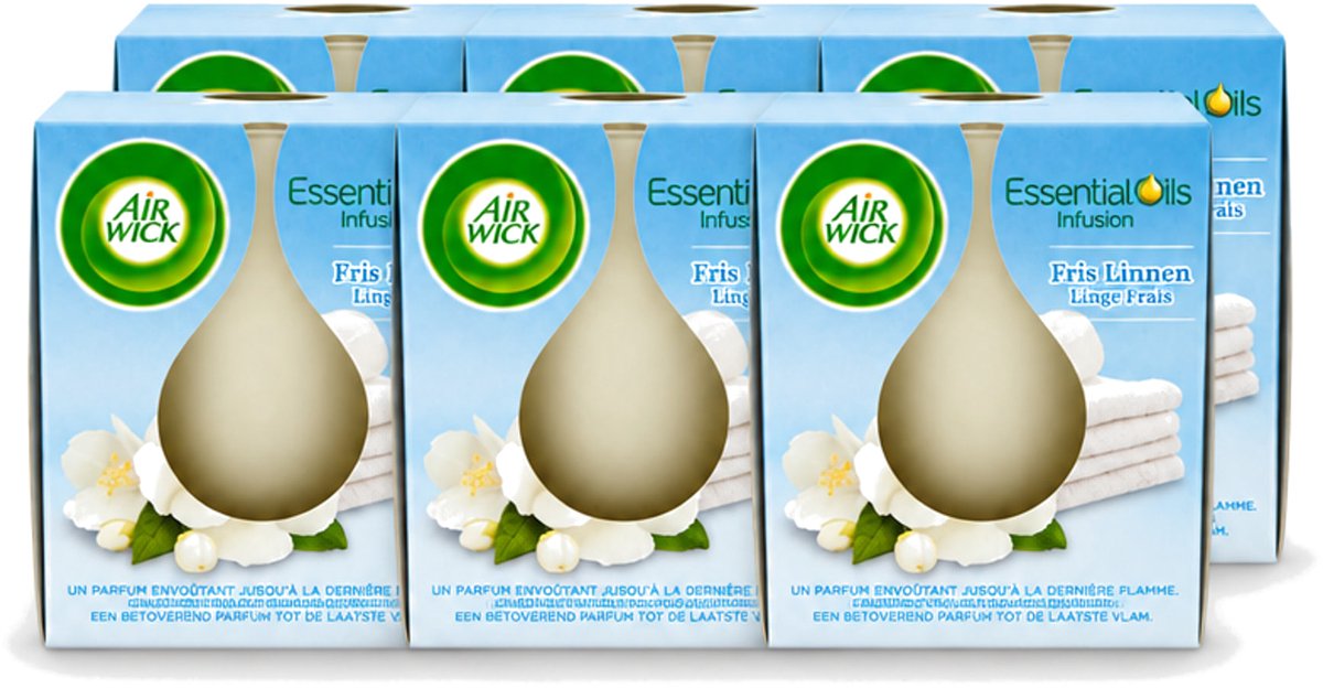 Air Wick 6 x Air Wick – Geurkaars – Fris Linnen met Essentiële Oliën – 105 g - Voordeelverpakking - 6 stuks Wit