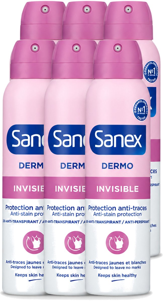 6 x Sanex – Deodorant Spray – Dermo Invisible – 150 ml - Voordeelverpakking - 6 stuks