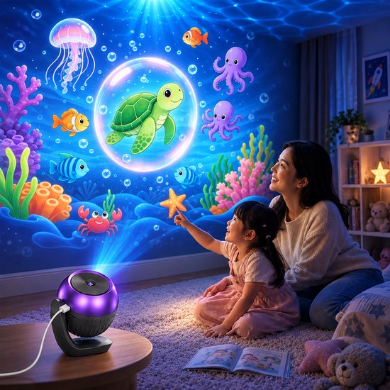 Een paarse projector toont een onderwaterwereld met een schildpad, kwallen, vissen en koraal. Een moeder en dochter kijken ernaar.