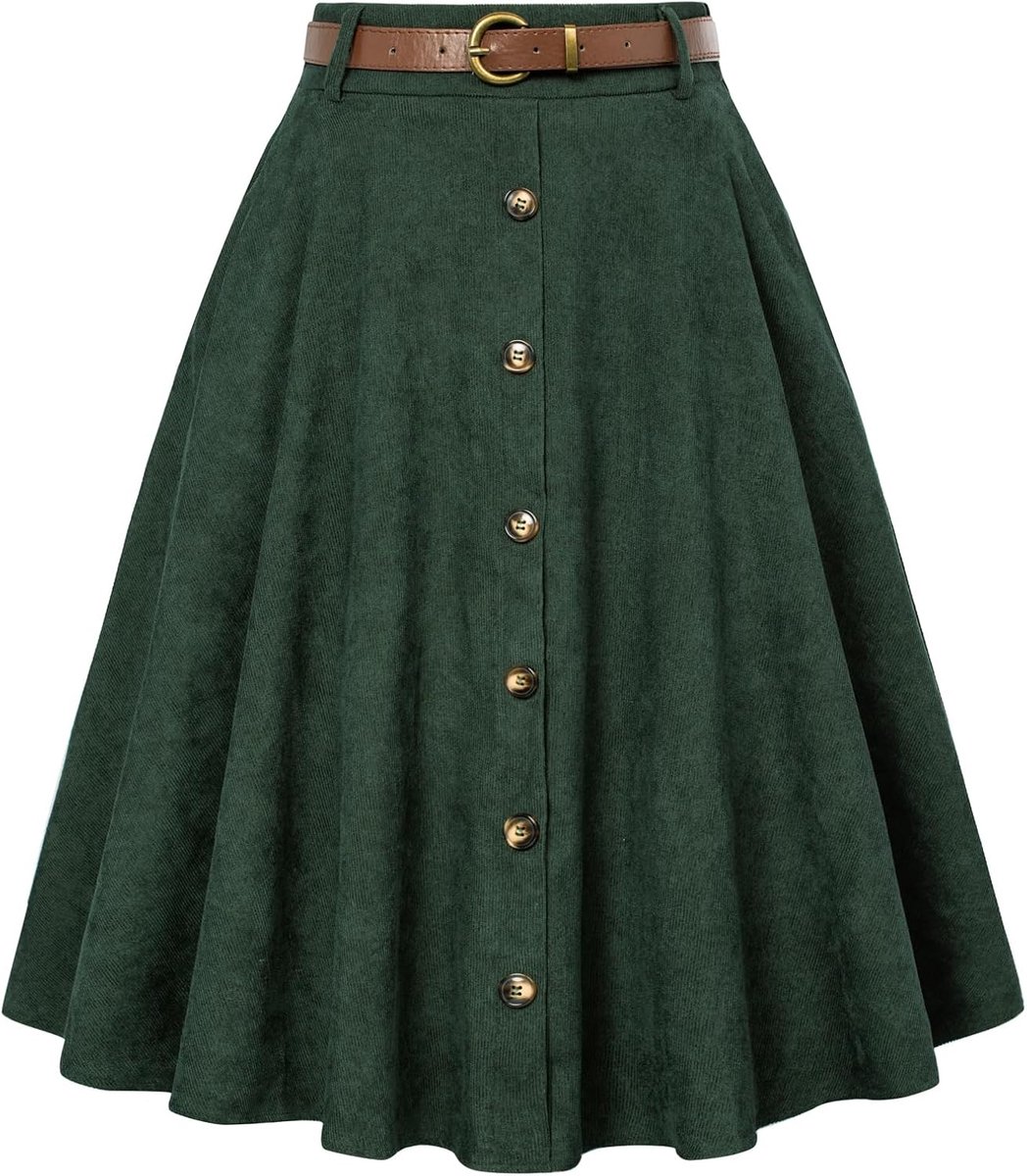 Belle Poque Women's Vintage Stretch High Waist A-line Flared Midi Skirt with Pockets and Belt - ShopVlot