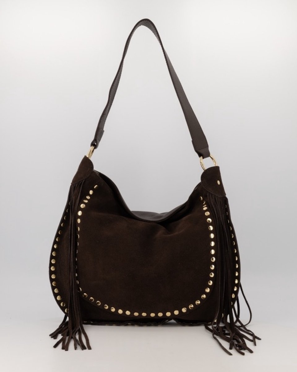 Damestas - Coacha - Bruin - Suede - 41cm x36cm - Hobotas - Echt leer - Studs - Franjes - Rits en vakken