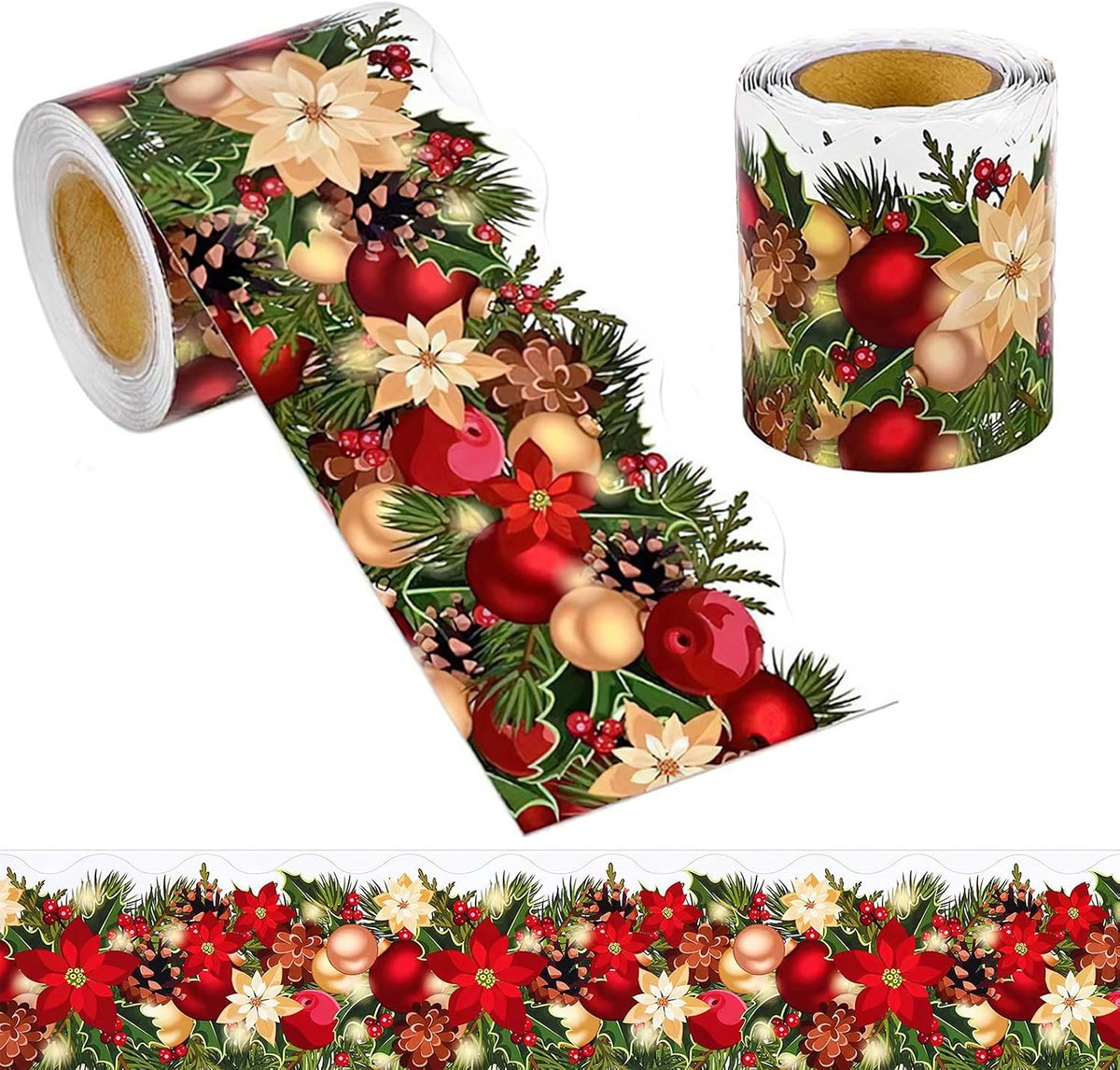 1 rol decoratieve kerststickers – Randdecoratie met rode bessen, dennennaalden, dennenappels en kerstversiering – 18 x 7,5 cm – Geschikt voor het versieren van ramen, kransen en krijtbordranden in woningen, kantoren en klaslokalen.