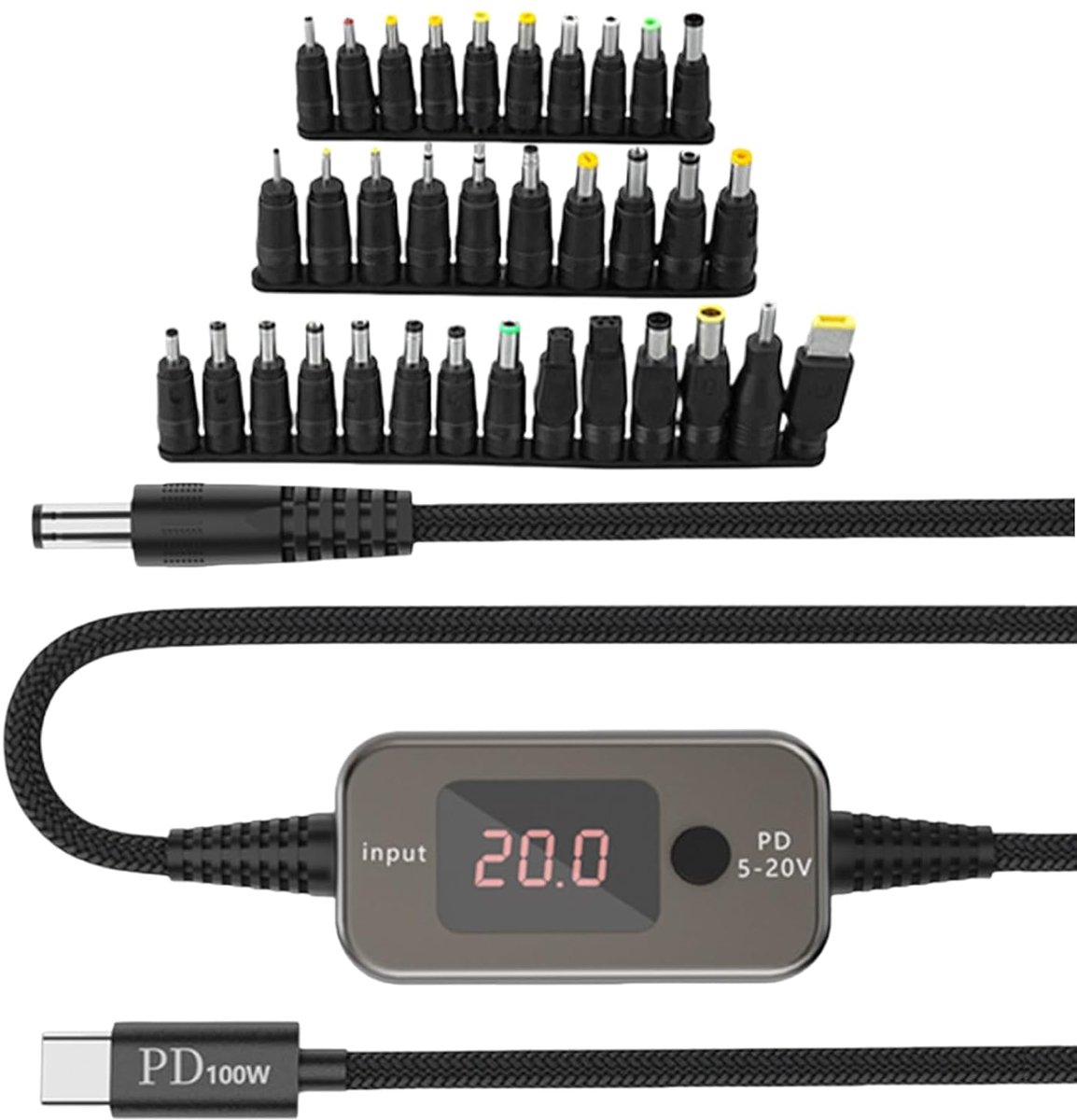 DC Adapter Kabel 100W Type C PD - 1m met 34 Adapters - Spanningweergave en Schakelaar - Ideaal voor Laptop en Monitor - ShopVlot