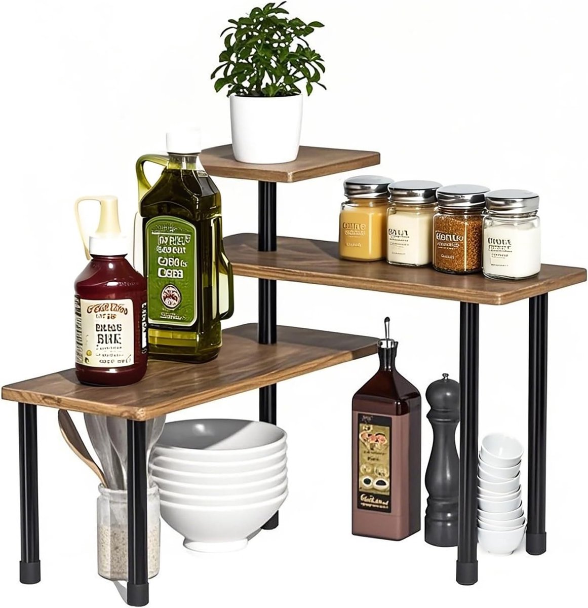 Verstelbare Hoekplank van Hout voor Keuken en Badkamer, Ideaal voor Specerijen, Koffie en Organisatie, Ruimtebesparende Opbergoplossing voor Werkblad en Tafel