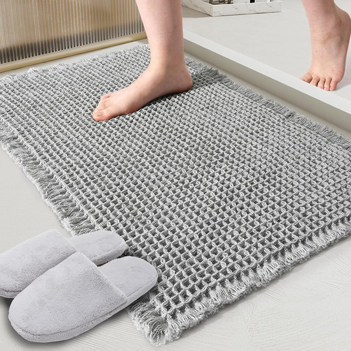Grijze wafelbadmat, superabsorberend en antislip, 61x92 cm, machinewasbaar, extra zachte mat.