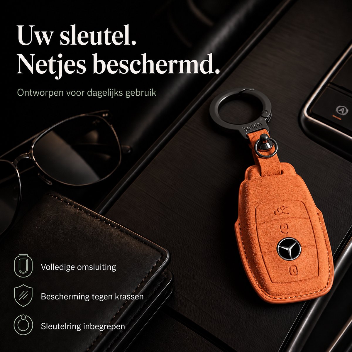 Zirkle Mercedes-Benz Autosleutel Hoesje Type C Oranje – Luxe Alcantara en Lederen Sleutelcover met Ring en Sleutelhanger – Beschermhoes voor Mercedes A B C E S Klasse GLA GLB GLC GLK – Krasbestendige 3D Key Case
