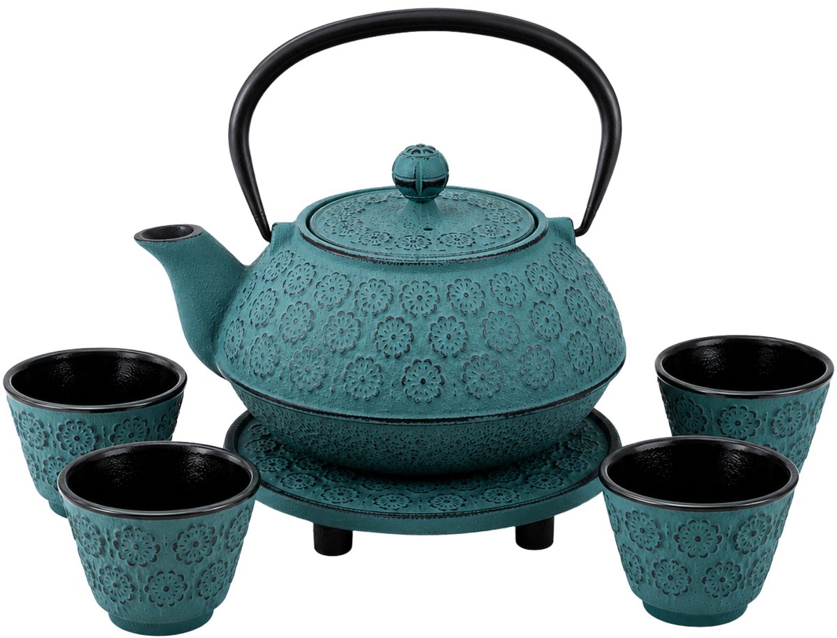Gietijzeren theepot met zeef, kopjes en onderzetter HANU, 1 l
