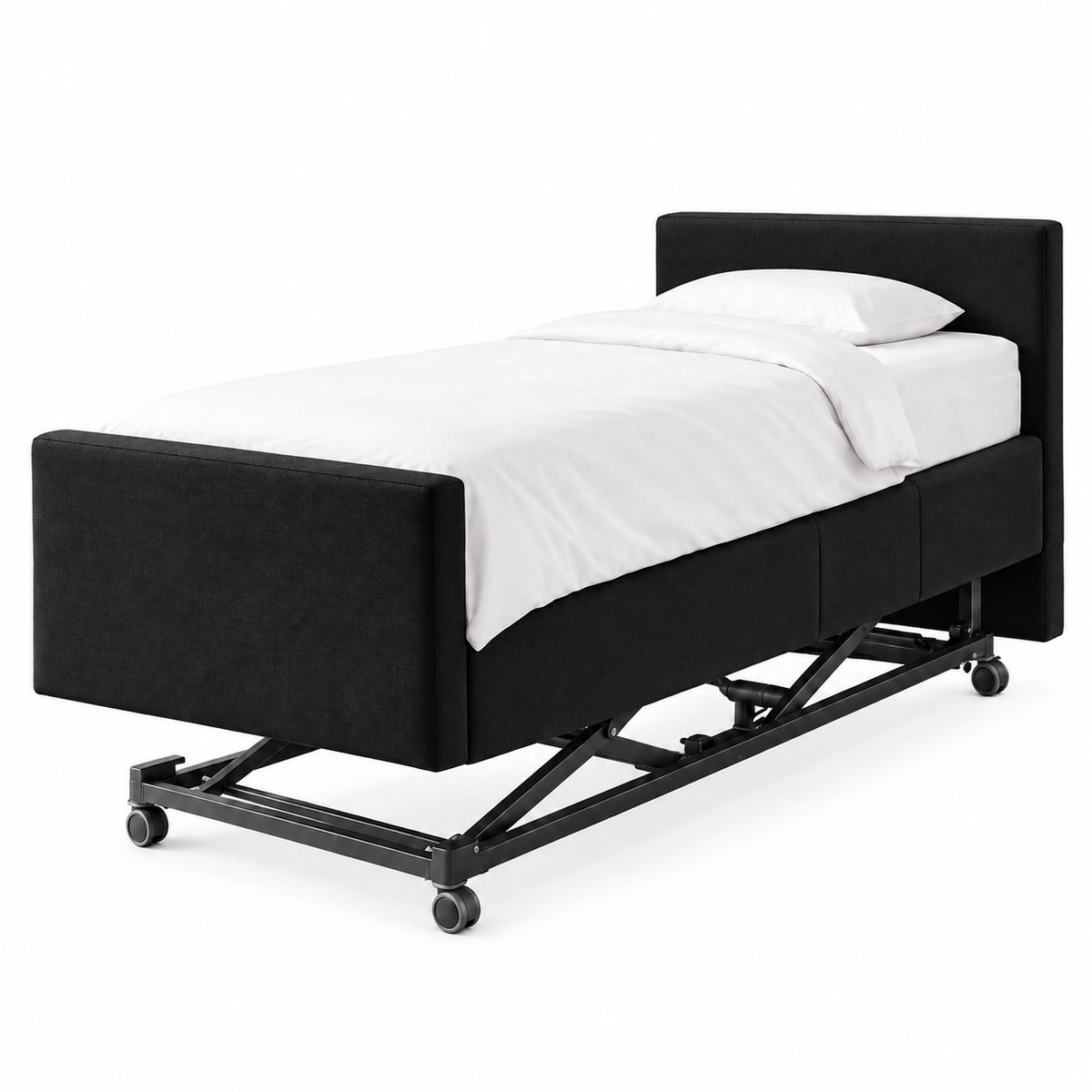 BoxspringFD Serre Hoog Laag Bed / Boxspring 1 Persoons Verzorgingsbed Seniorenbed Elektrisch Verstelbaar, 70x220 cm, kleur zwart