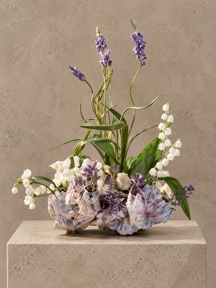Seta Fiori Decoratieve barnacle schelp met kunstbloemen 30 cm – Seta Fiori blauw