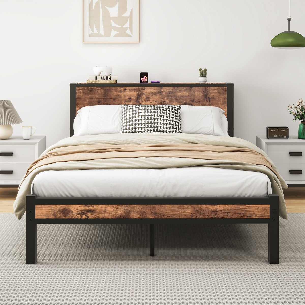 WUVRIE Bedframe 140x200 cm met opberghoofdbord, metalen lattenbodem en bergruimte, antiekbruin Antiek bruin
