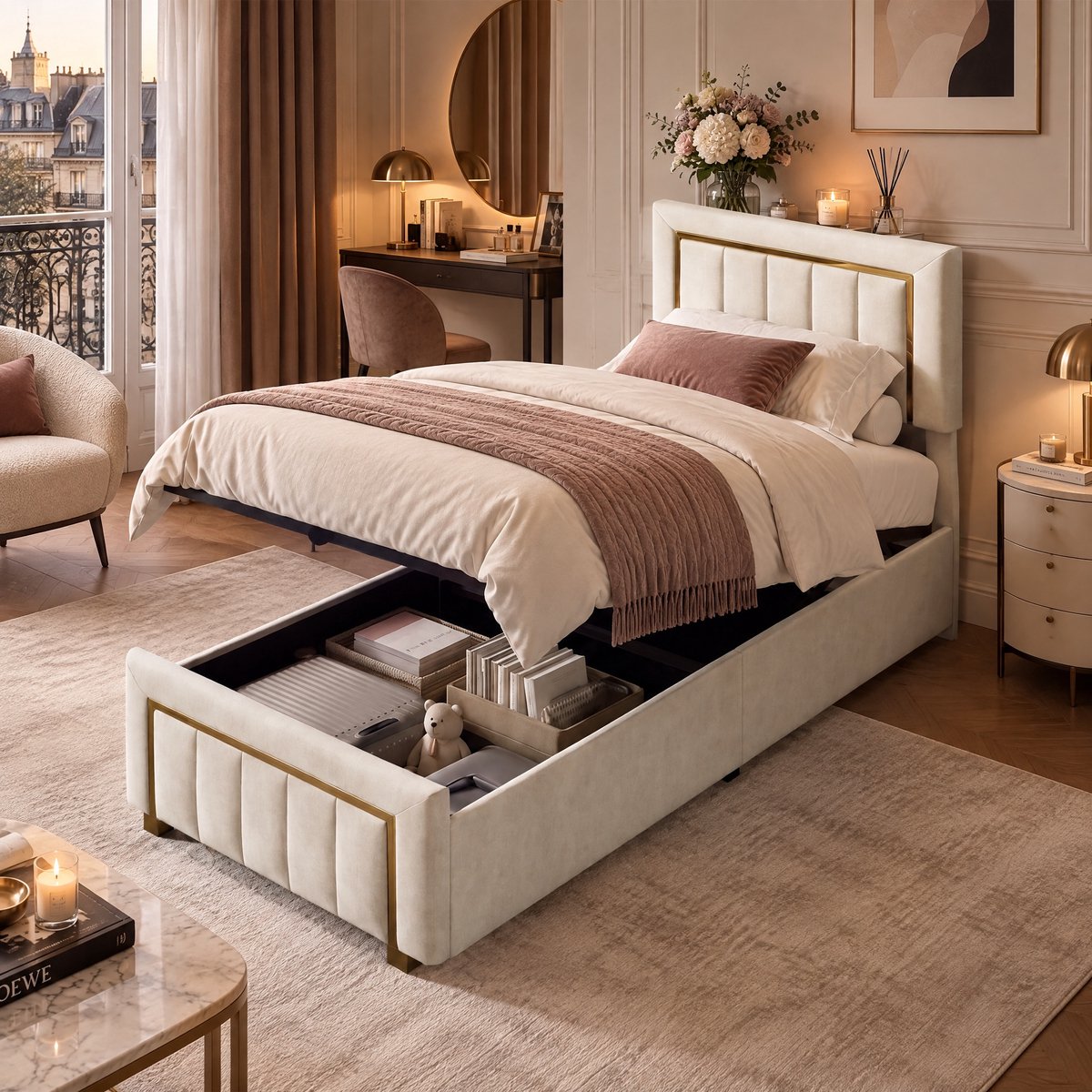 MEXUS Opbergbed 90x200cm met hydraulisch opbergsysteem - Gestoffeerd Eenpersoonsbed, bedframe met lattenbodem, Voor volwassenen en tieners, Fluweel Gebroken wit Beige