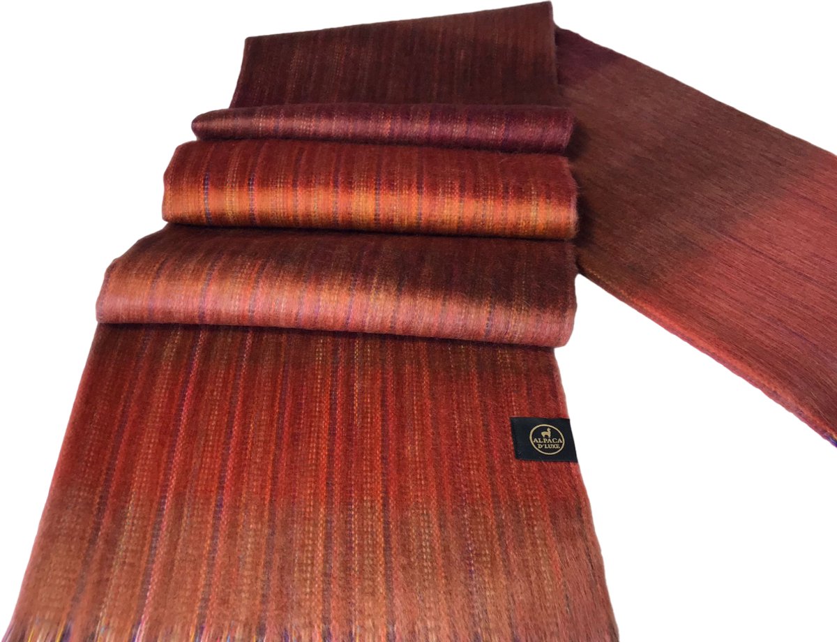 Alpaca D'Luxe Sjaal - Hypoallergeen - Duurzaam - Multicolor - Scarf - Baksteen - Kaneel - Oranje - Handgemaakt met alpacawol - Zacht en van Kwaliteit - Luxe cadeau - Sjaals Dames - Sjaals Heren - Kerstcadeau - Shawls - Comfortabel - Sustainable