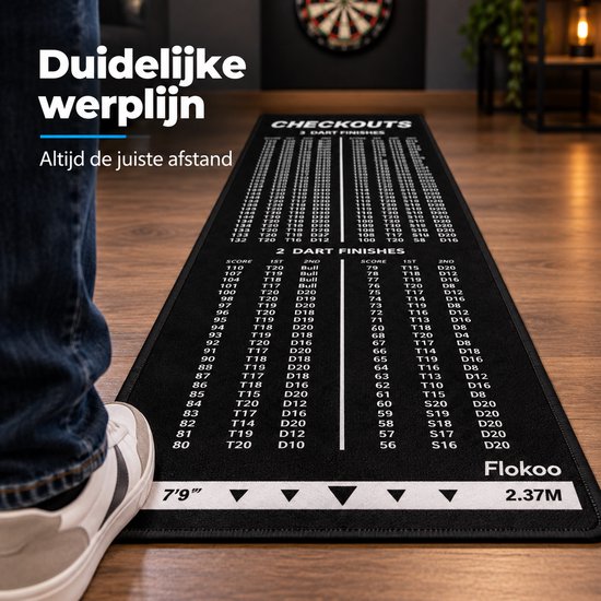 Dartmat met Oche & Checkout Tabel – 237 x 57 cm – Dartmat met Werplijn 2,37 m – 2 & 3 Dart Finishes – Antislip Dartmat – Zwart van Flokoo — afbeelding 5