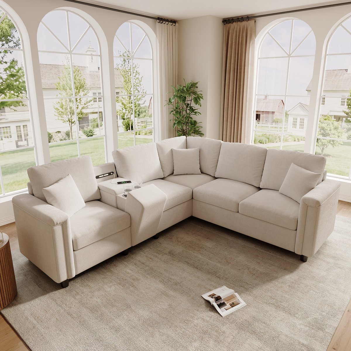 STILVORA Hoekbank 235 x 208 cm - 5-Zits Met Opbergconsole, Bekerhouders, USB, Type-C En Leeslamp - Voor Woonkamer - Chenille Beige
