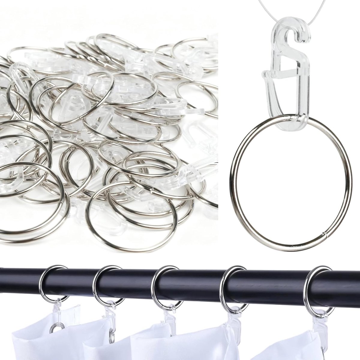 Set van 50 gordijnringen met haken, metalen ringen voor gordijnen, 32 mm binnendiameter, zilver, geschikt voor ramen, deuren en douchegordijnen