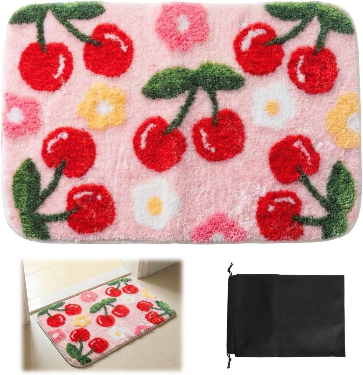 Badmat met Kersenpatroon 40x60cm, Antislip en Absorberend, Wasbare Roze Douchemats voor Badkamer en Badkuip, Inclusief Zwarte Opbergtas