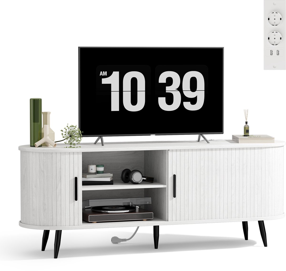 Xbro TV Meubel – Moderne TV Kast met 2 Verstelbare Planken en EU-Stopcontact – Wit