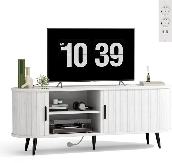 Wit TV-meubel met lamellen, zwarte poten, met platenspeler en tv, inclusief EU-stopcontact.