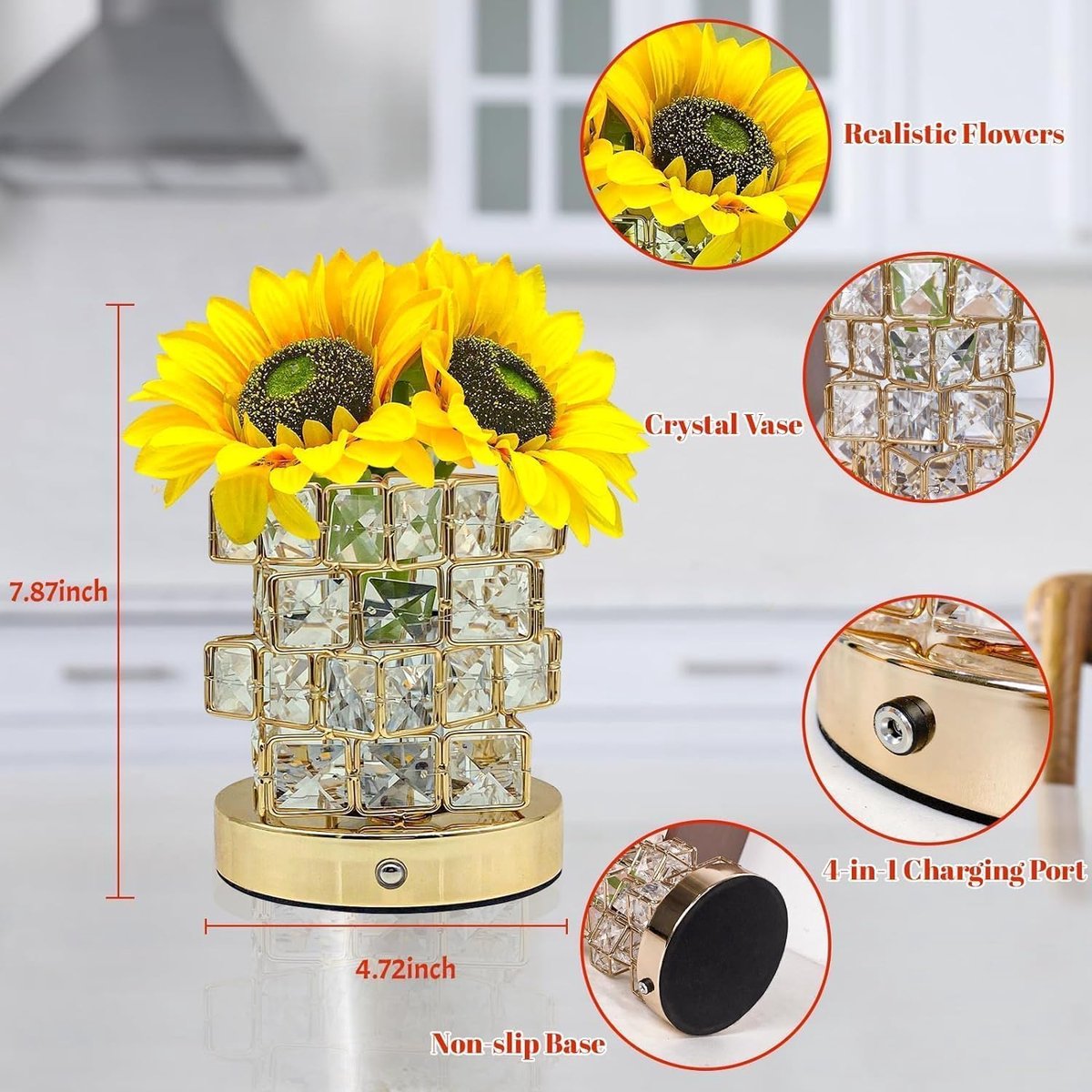 SnelShoppen - Dimbare LED Tafellamp met Zonnebloemen, Kunstbloem Lamp met Cube Kristallen Vaasje, USB Oplaadbare Draadloze Lamp voor Slaapkamer, Woonk
