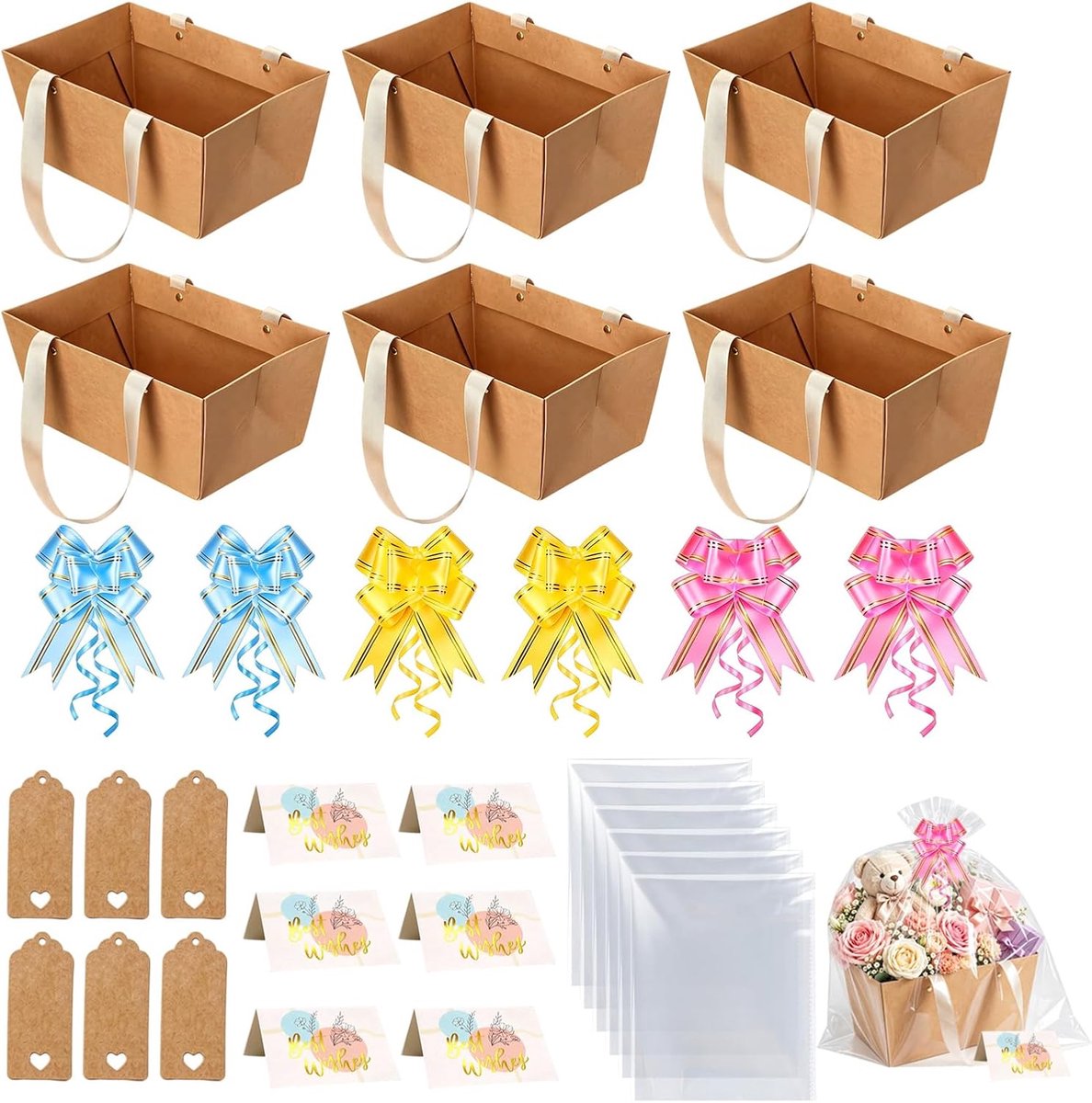 Lege geschenkkorben met handvat, 6 stuks, 25x16,5x11 cm, meerdere kleuren - ShopVlot