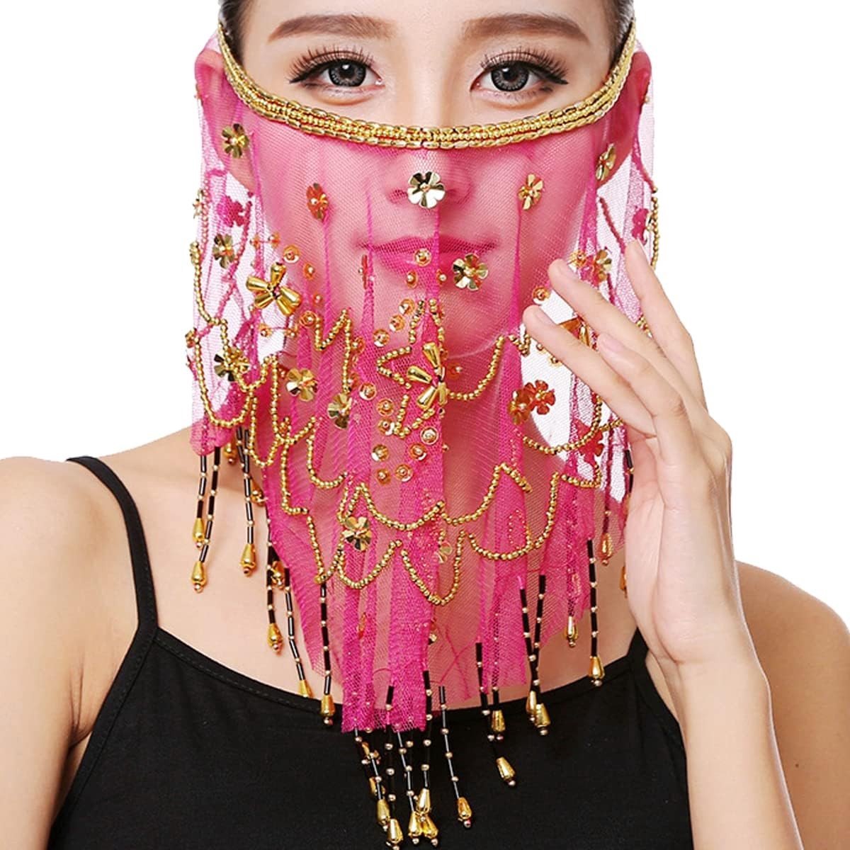 Chiffon Gezichtsbedekking voor Buikdans met Pailletten en Beading - Accessoire voor Halloween en Danskostuums voor Vrouwen en Meisjes, One Size, Roze