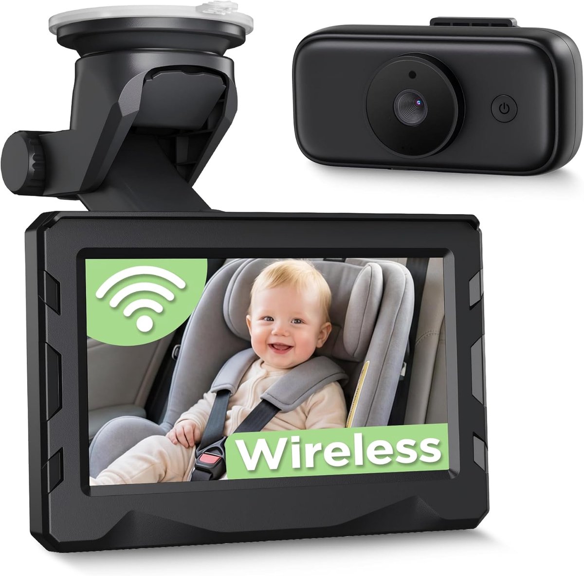 SnelShoppen - Draadloze Babycamera Auto HD 1080P, Nachtzicht, 4,3 Inch Display, 10000 mAh Accu, Veiligheid voor Pasgeborenen, Achterbank Monitor, 2,4