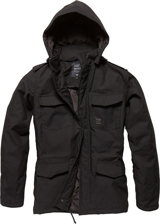 Zwarte herenparka van Vintage Industries met capuchon, rits, vier zakken op de voorkant en een trekkoord aan de onderkant.