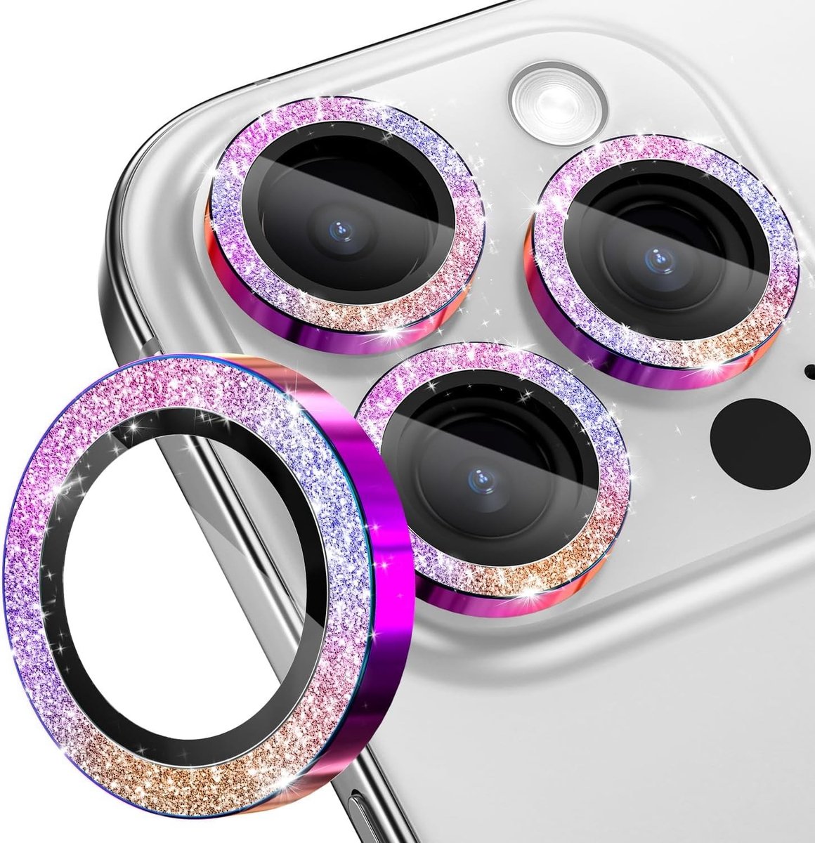 Achterste Camera Lensbeschermer voor iPhone 16 Pro & Pro Max, Ultra Sterk en Krasbestendig, Glitter Decoratie en Tempered Glass Film