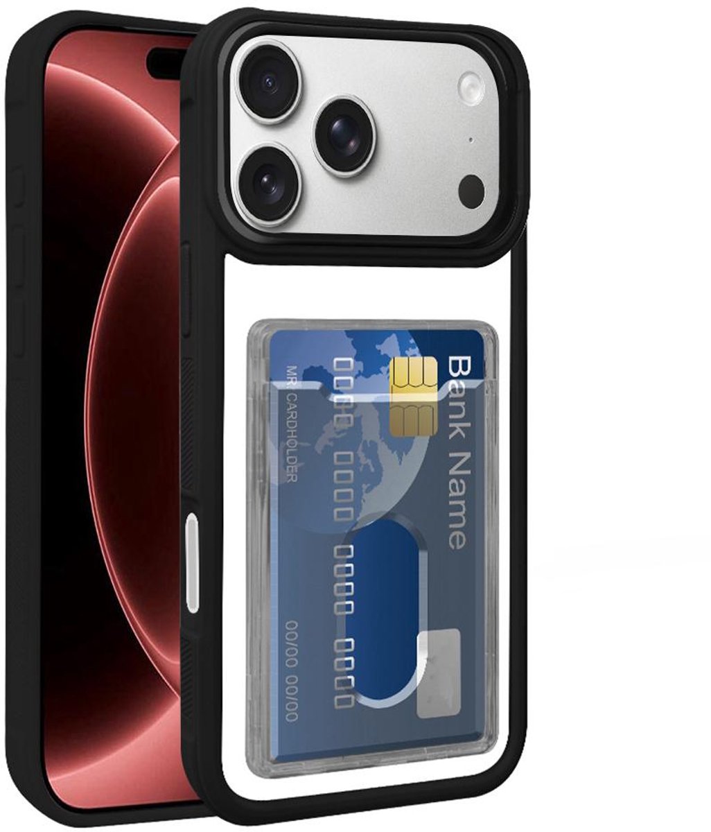 Hoesje met Pasjeshouder voor de iPhone 18 Pro Max - Electroplated Acryl Hybrid TPU - Zwart