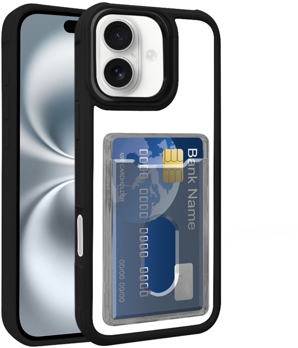 Hoesje met Pasjeshouder voor de iPhone 16 - Electroplated Acryl Hybrid TPU - Zwart
