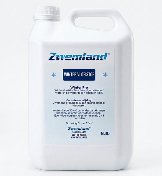 Witte jerrycan met blauw etiket met de tekst "Zwemland WINTER VLOEISTOF" en informatie over het product.
