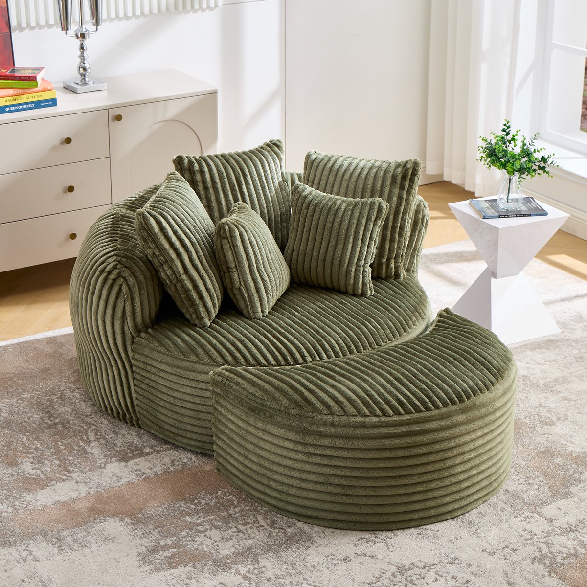 OKWISH Fauteuil 168 x 123 x 63 cm – Ronde Leesstoel Met Hocker En Vijf Kussens – Voor Woonkamer En Slaapkamer – Chenille – Smaragdgroen Emeraldgroen