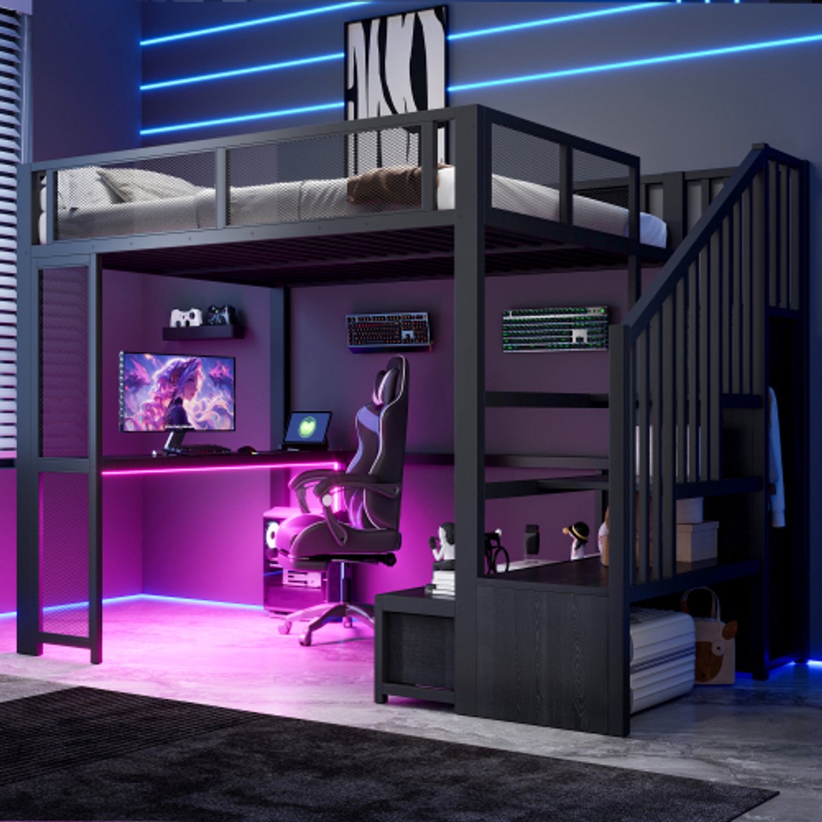 Zubaliya Zwarte Metalen Hoogslaper Twijfelaar 140x200 cm met Bureau & Opbergtrap - Kinderbed & Jeugdbed met Kledingkast, 3 Lades, USB & LED Verlichting - Zwart