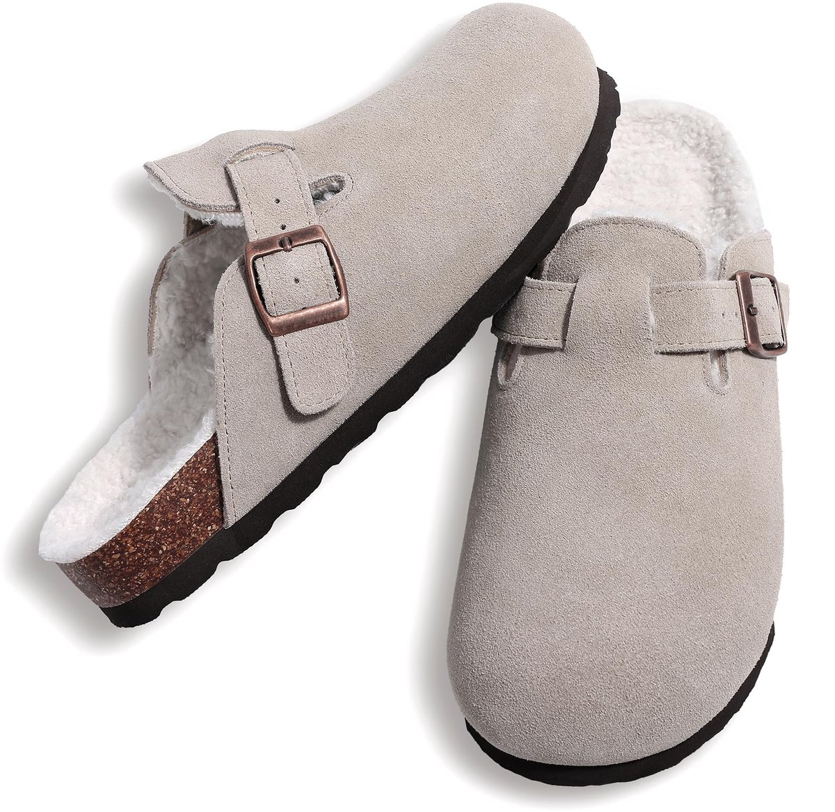 Olanly - Unisex Clogs - Warme Dames Winter Pantoffels - Koe suède - Houten Cogs -Grijs - 36 - Geschikt voor een voetlengte van 22.2cm