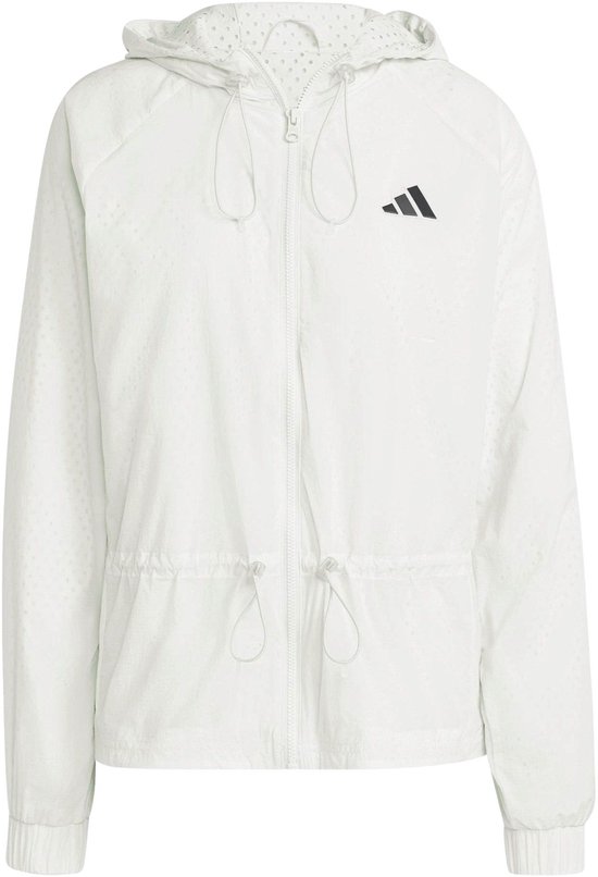 Witte dames Adidas sportjas met capuchon, opgestikt Adidas logo en trekkoord in de taille.