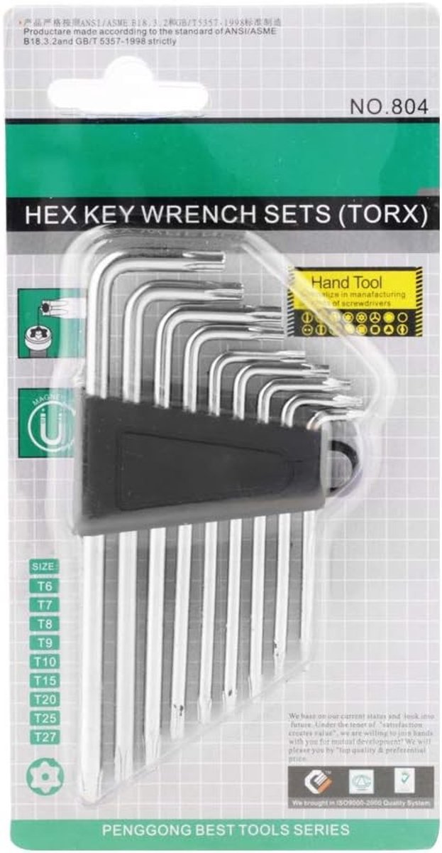 Set van 9 L-vormige Torx Sleutels T6/T7/T8/T9/T10/T15/T20/T25/T27 van Chroom Vanadium Staal, Verstelbaar met Opberghouder voor Veilig Gebruik en Precisie Werkzaamheden