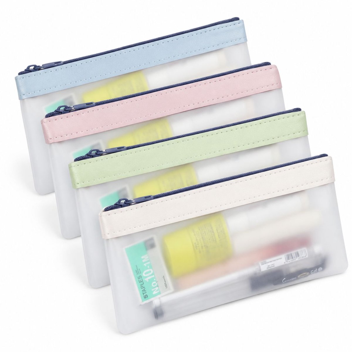 VHV - Doorzichtige etui - 4 stuks - Draagbaar opbergzakje - Waterdicht - Blauw/roze/wit/groen - Pennenetui - Doorzichtig examenetui - voor potlood