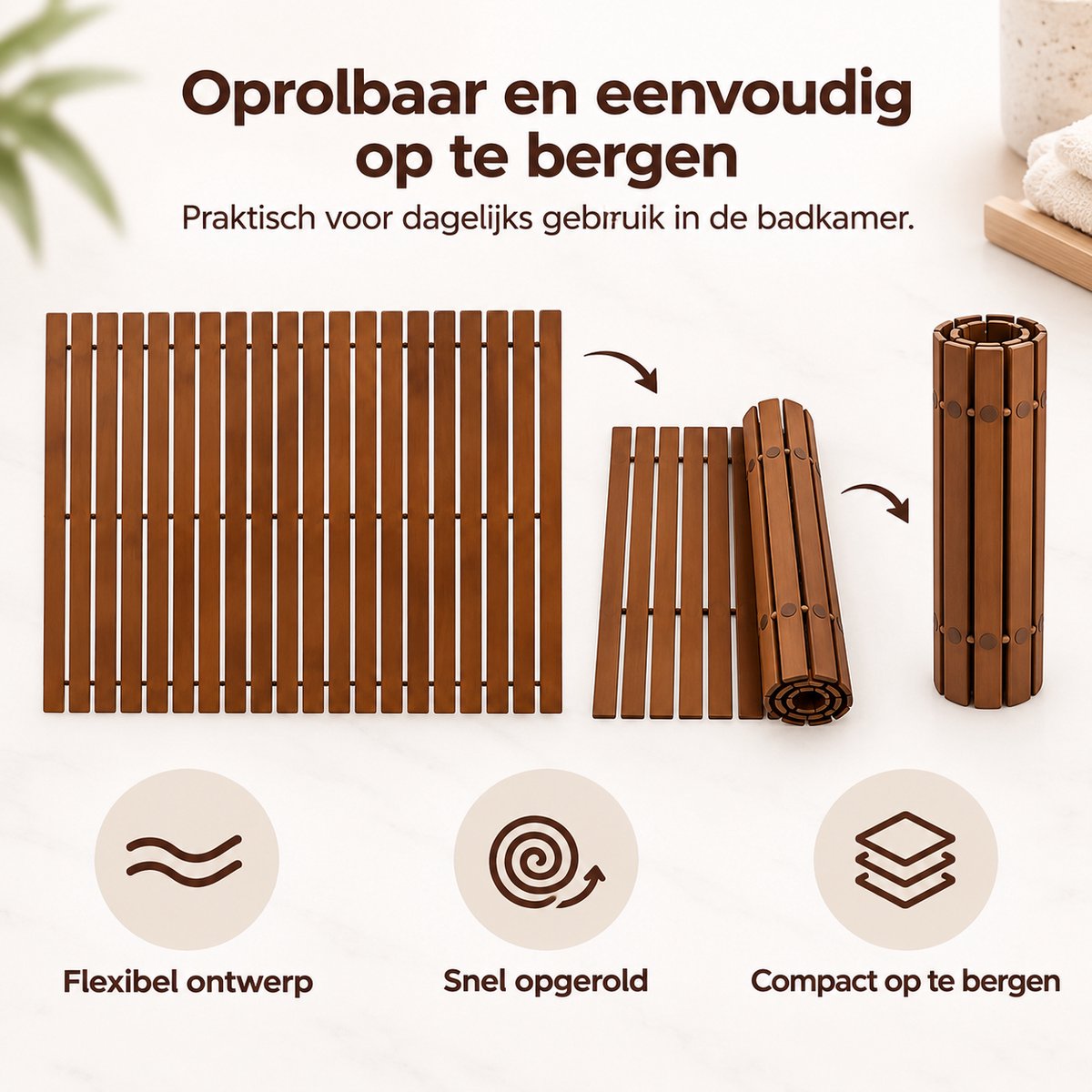 Houten Douchemat 40 x 60 cm – Oprolbare Badmat van Hout – Donkerbruin – Houten Badkamermat voor Douche & Badkamer – Donker Bruin — cadeau in Wonen & Interieur - foto 3