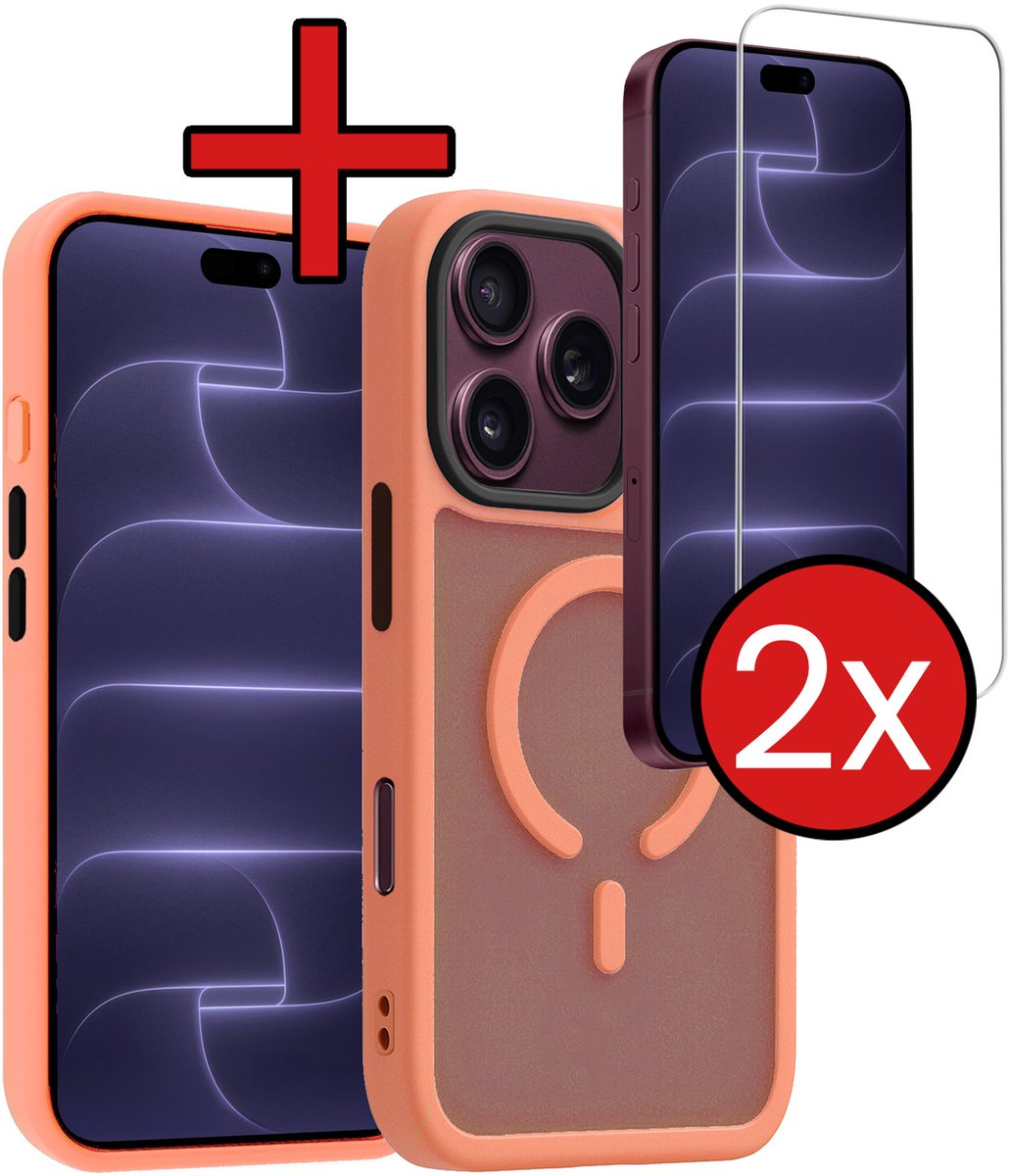 Hoesje - Met 2x Screenprotector - Geschikt voor Apple iPhone 18 Pro - Magsafe Compatible - Sterk & Shockproof - Shock Proof Case - Back Cover - Telefoon Hoes - Telefoonhoes - Perzik