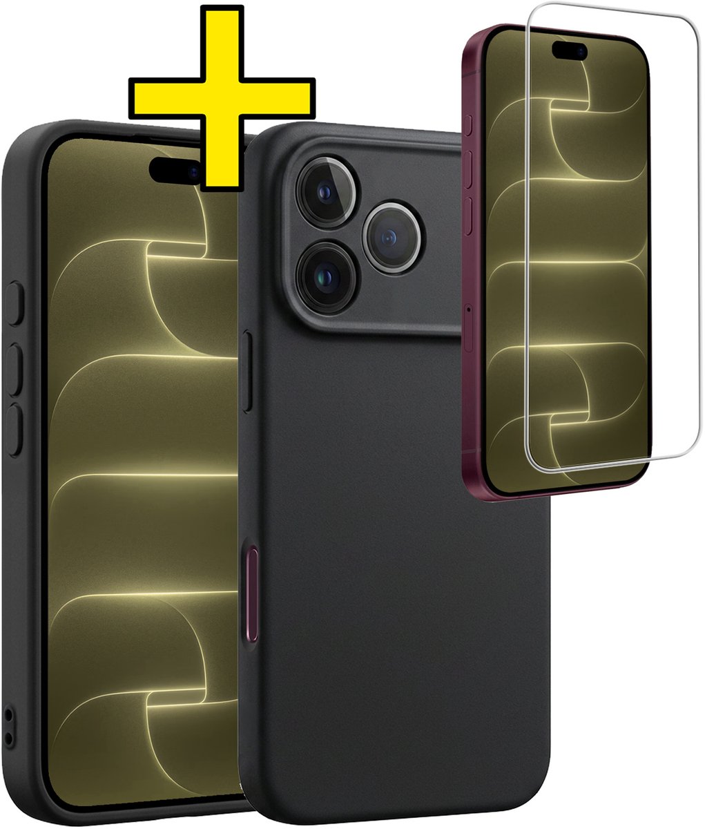 Hoesje - Met Screenprotector - Geschikt voor Apple iPhone 18 Pro - Sterk & Shockproof - Back Cover - Siliconen Case - Telefoon Hoes - Telefoonhoesjes - Zwart