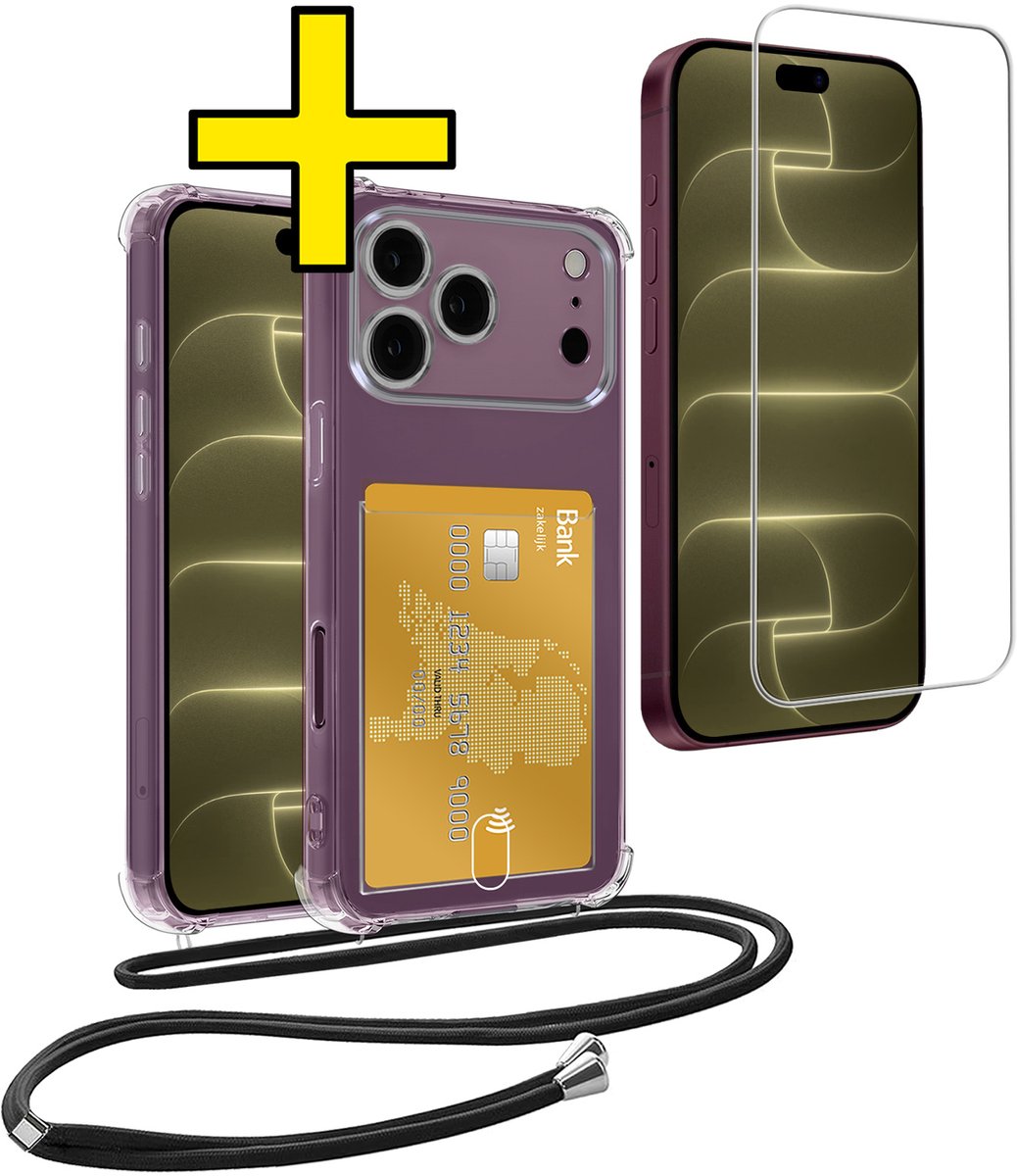 Hoesje Geschikt voor iPhone 18 Pro Telefoonhoesje Met Koord Case Pashouder Met Screenprotector Siliconen - Hoes Geschikt voor iPhone 18 Pro Hoesje Met Kaarthouder - Transparant