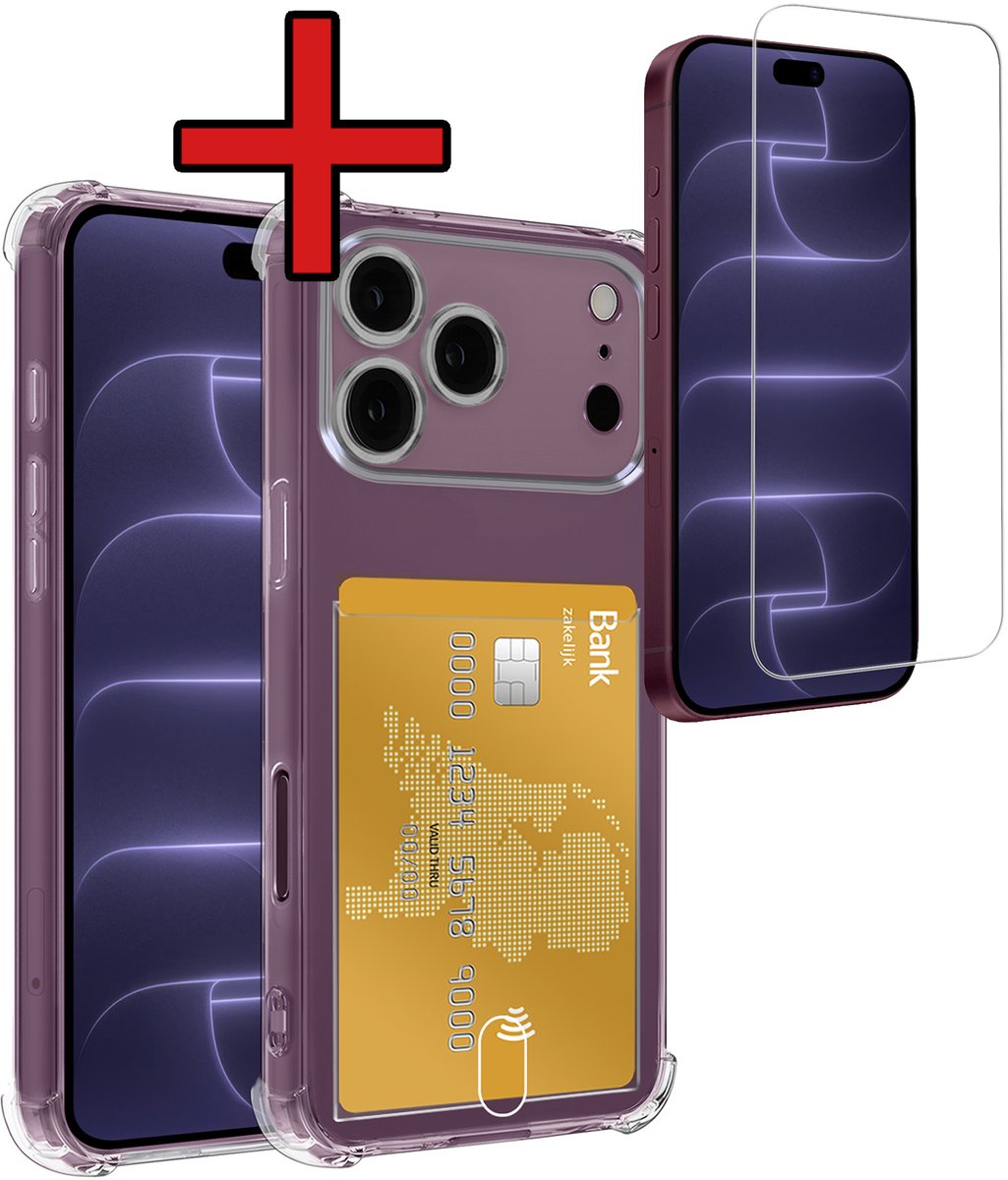 Hoesje - Geschikt voor Apple iPhone 18 Pro Max - Met Screenprotector - Pashouder - Kaarthouder - Back Cover - Telefoon Hoes Shockproof - Siliconen Case - Shock Proof - Pasjes Houder - Telefoonhoes - Transparant