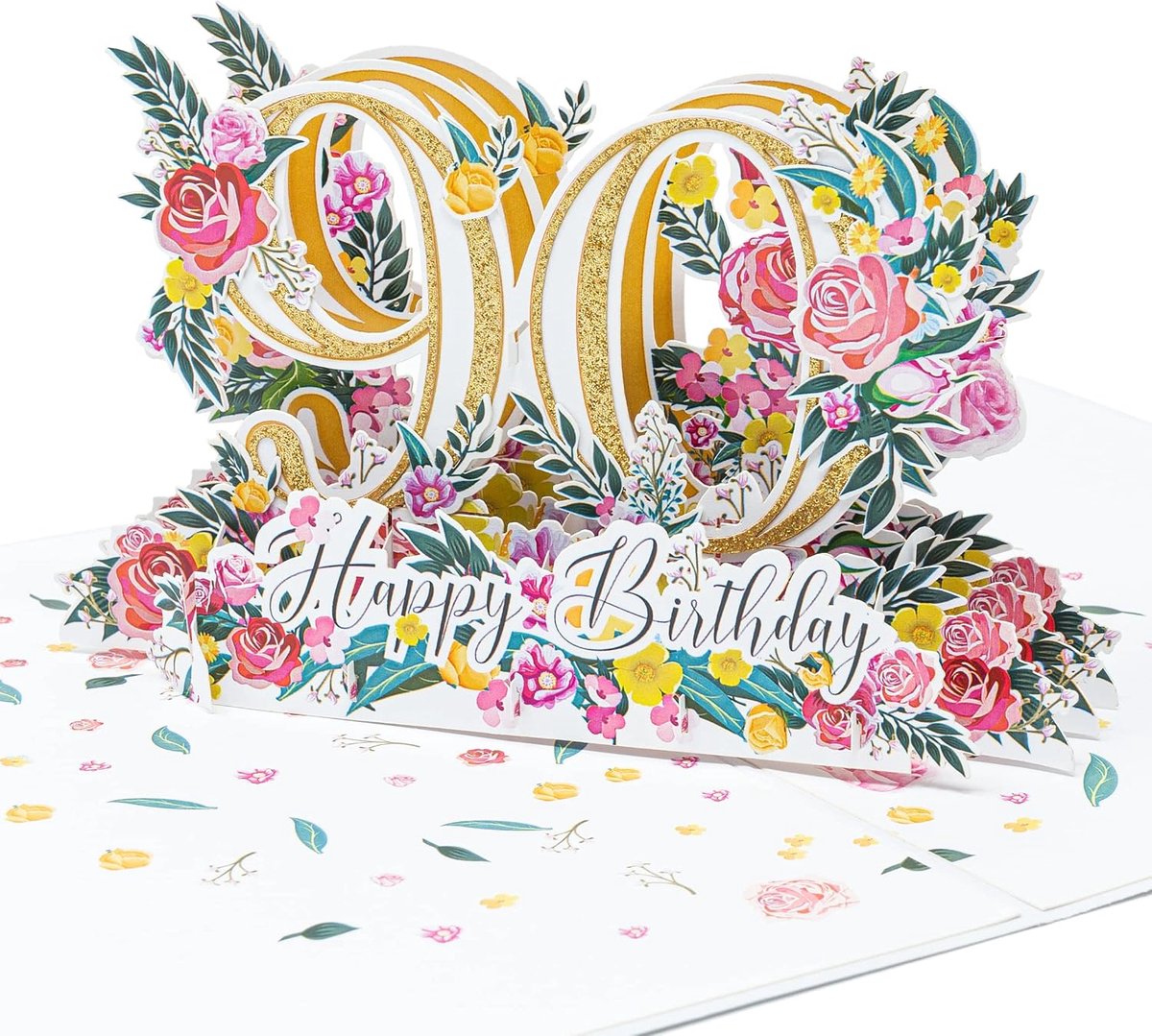 Pop-Up 3D Verjaardagskaart 90 Jaar - Gouden Glitter - Kleurrijke Bloemen - Unieke Verjaardagsgroet - ShopVlot