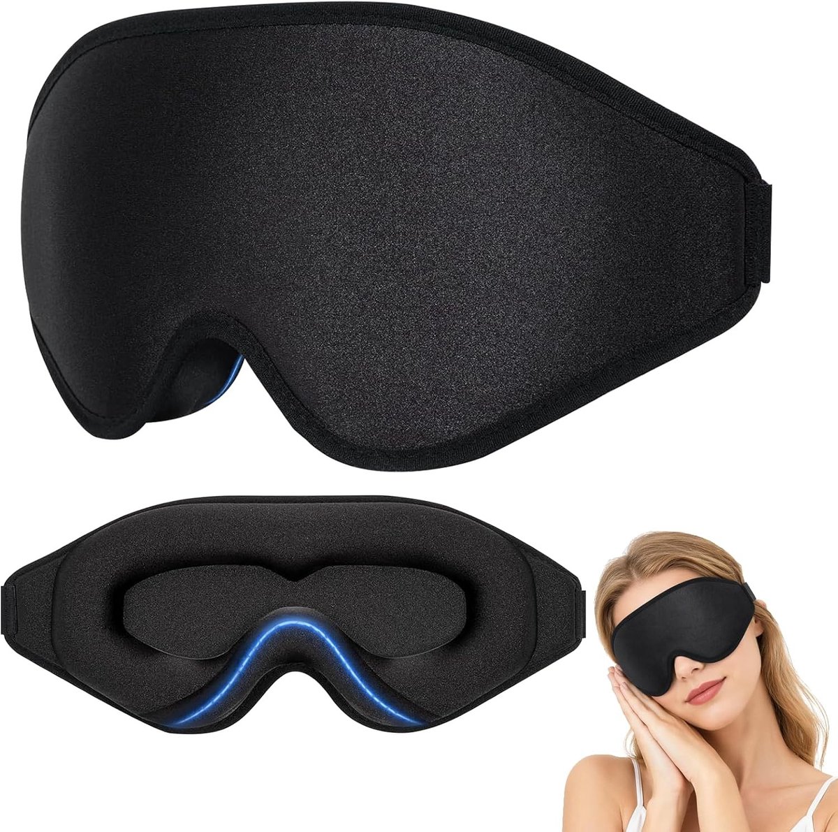 3D Oogmasker voor Zijslapers, Lichtdicht en Ademend Reis Masker met Oordopjes voor Thuis, Vliegtuig en Trein, Verstelbare Elastische Band 495-645mm