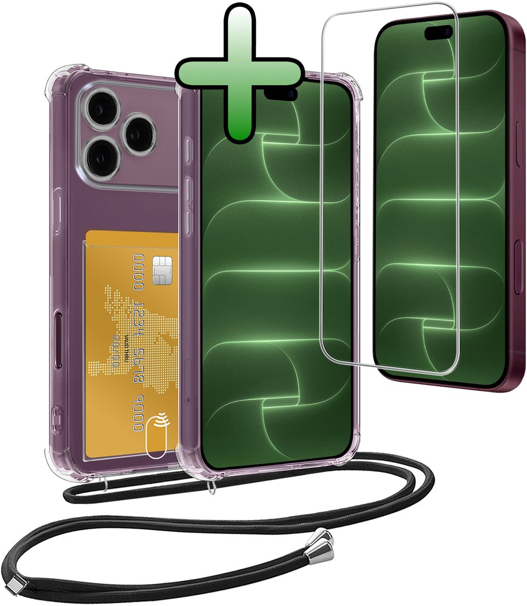 Hoes Geschikt voor iPhone 18 Pro Hoesje Pas Houder Shock Proof Case Hoes Met Koord Met Screenprotector - Hoesje Geschikt voor iPhone 18 Pro Hoes Met Telefoonkoord Pasjeshouder Cover - Transparant