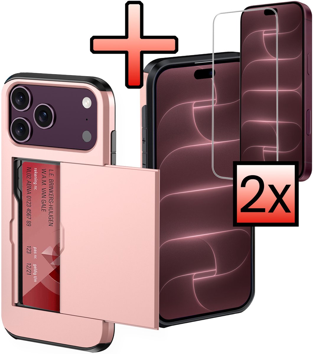 Hoes Geschikt voor iPhone 18 Pro Hoesje Pasjeshouder Hard Cover Met 2x Screenprotector Shock Proof Hard Case Hoes Met Kaarthouder - Rosé goud