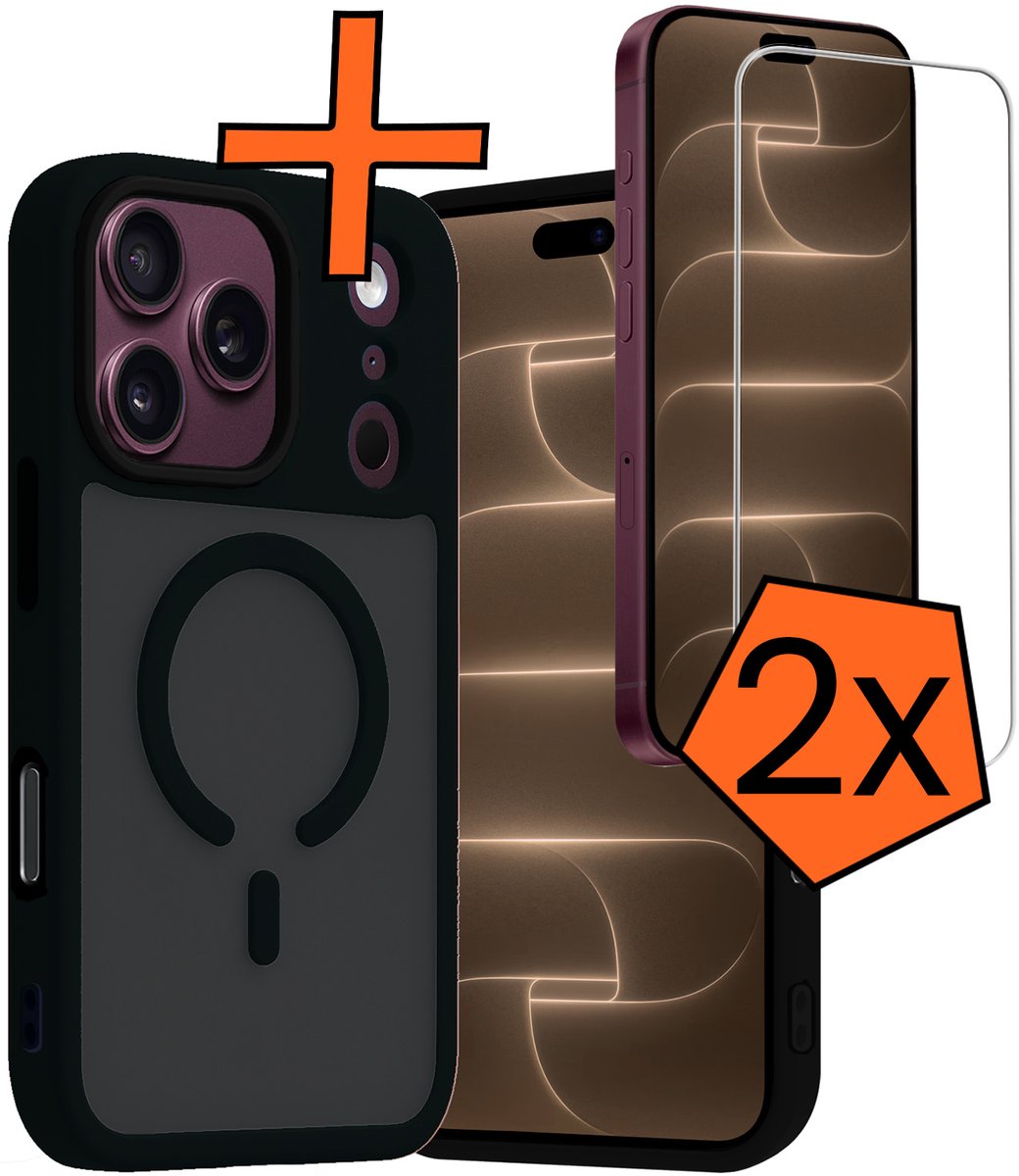 Hoes - Met 2x Screenprotector - Geschikt voor Apple iPhone 18 Pro - Magsafe Compatible - Sterk & Shockproof - Back Cover - Shock Proof Case - Telefoon Hoes - Zwart