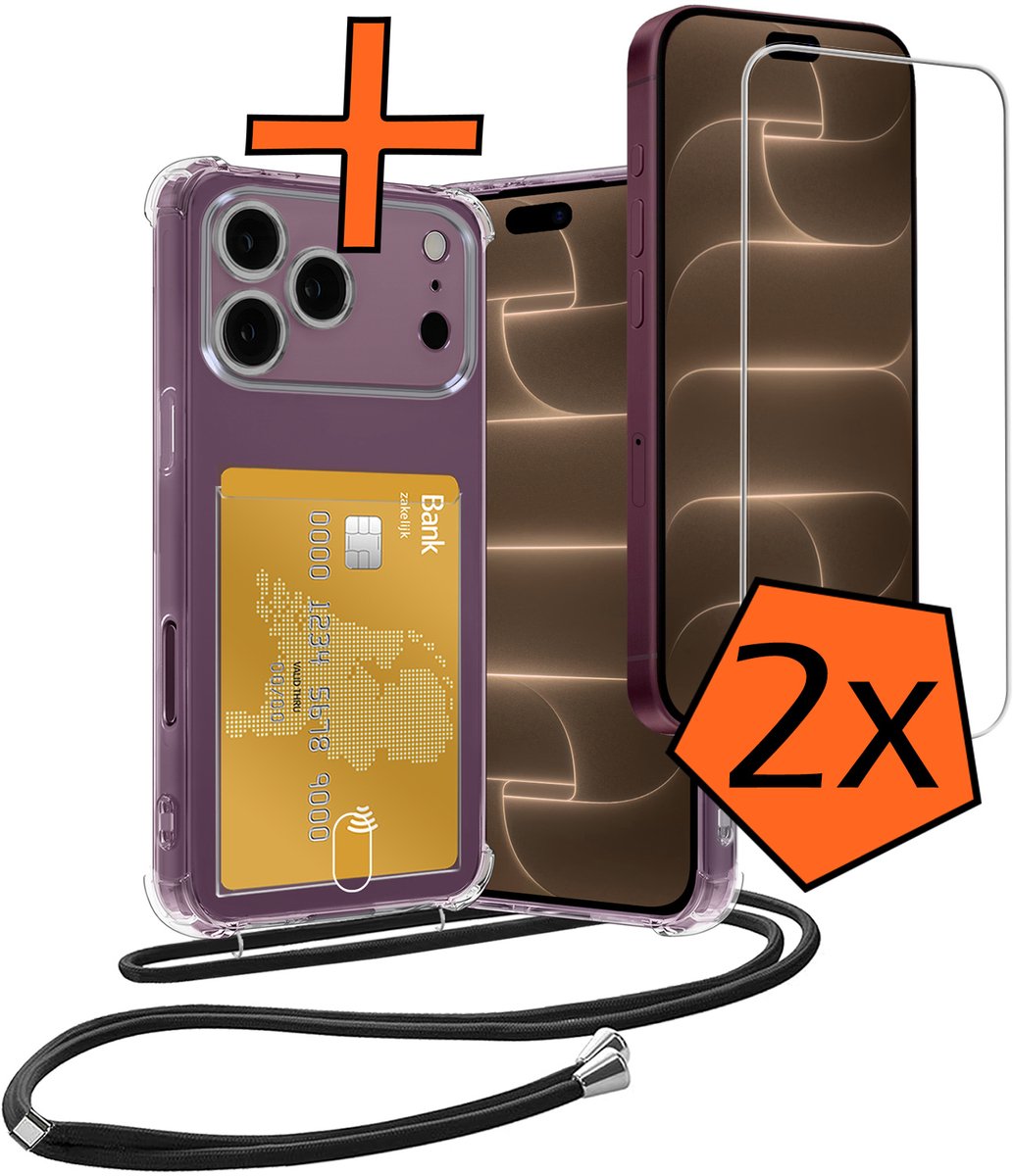 Hoesje Geschikt voor iPhone 18 Pro Hoesje Met Telefoonketting Pasjeshouder Shockproof Case Met 2x Screenprotector Koord - Hoesje Geschikt voor iPhone 18 Pro Hoes Met Kaarthouder - Transparant