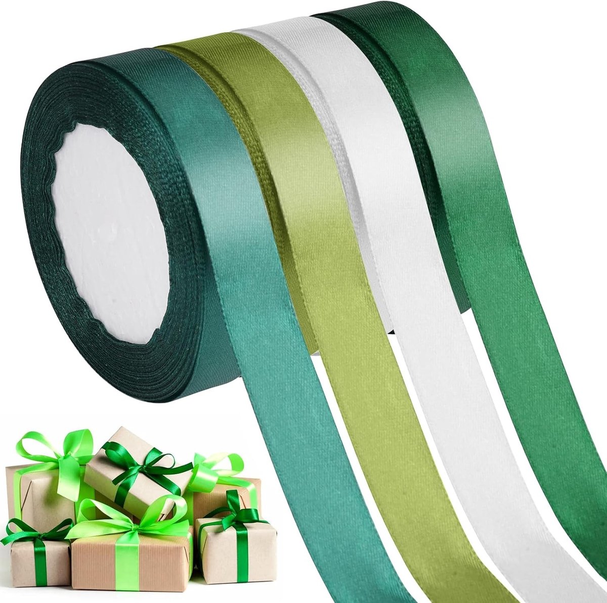 Cadeaulint Set - Satijn Lint - Cadeaus Versieren - Zacht Glad Materiaal - 4 Rollen 88m - Groen Tinten